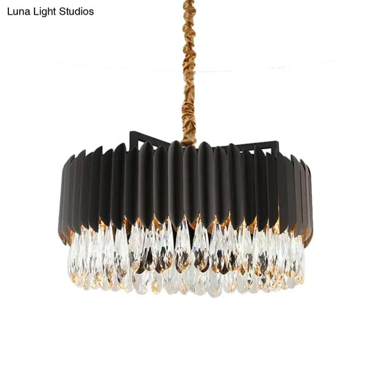 Minimalist Metal Drum Led Pendant Chandelier With Crystal Drip - 23.5/31.5 Width Black/Gold Black /