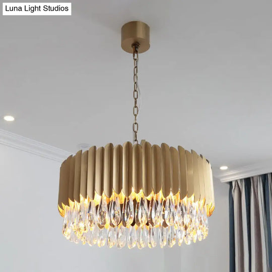 Minimalist Metal Drum Led Pendant Chandelier With Crystal Drip - 23.5/31.5 Width Black/Gold Gold /