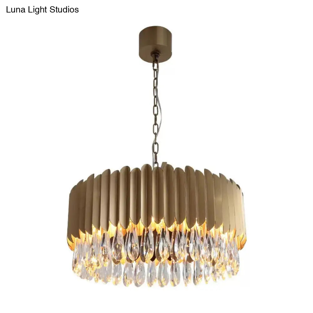 Minimalist Metal Drum Led Pendant Chandelier With Crystal Drip - 23.5/31.5 Width Black/Gold