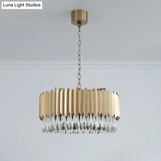 Minimalist Metal Drum Led Pendant Chandelier With Crystal Drip - 23.5/31.5 Width Black/Gold