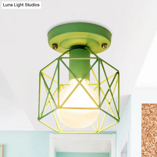 Minimalist Metal Frame Ceiling Mounted Light With White Pink And Green Accents - Ideal For Cloakroom