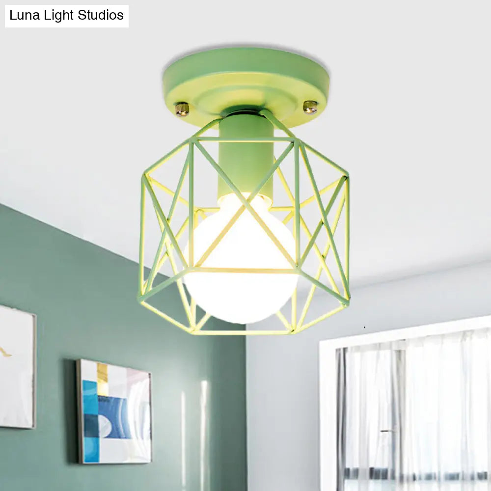 Minimalist Metal Frame Ceiling Mounted Light With White Pink And Green Accents - Ideal For Cloakroom