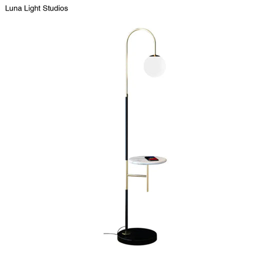 Minimalist Metal Gooseneck Floor Lamp With Single Tray And White Glass Shade