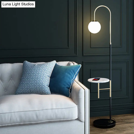 Minimalist Metal Gooseneck Floor Lamp With Single Tray And White Glass Shade