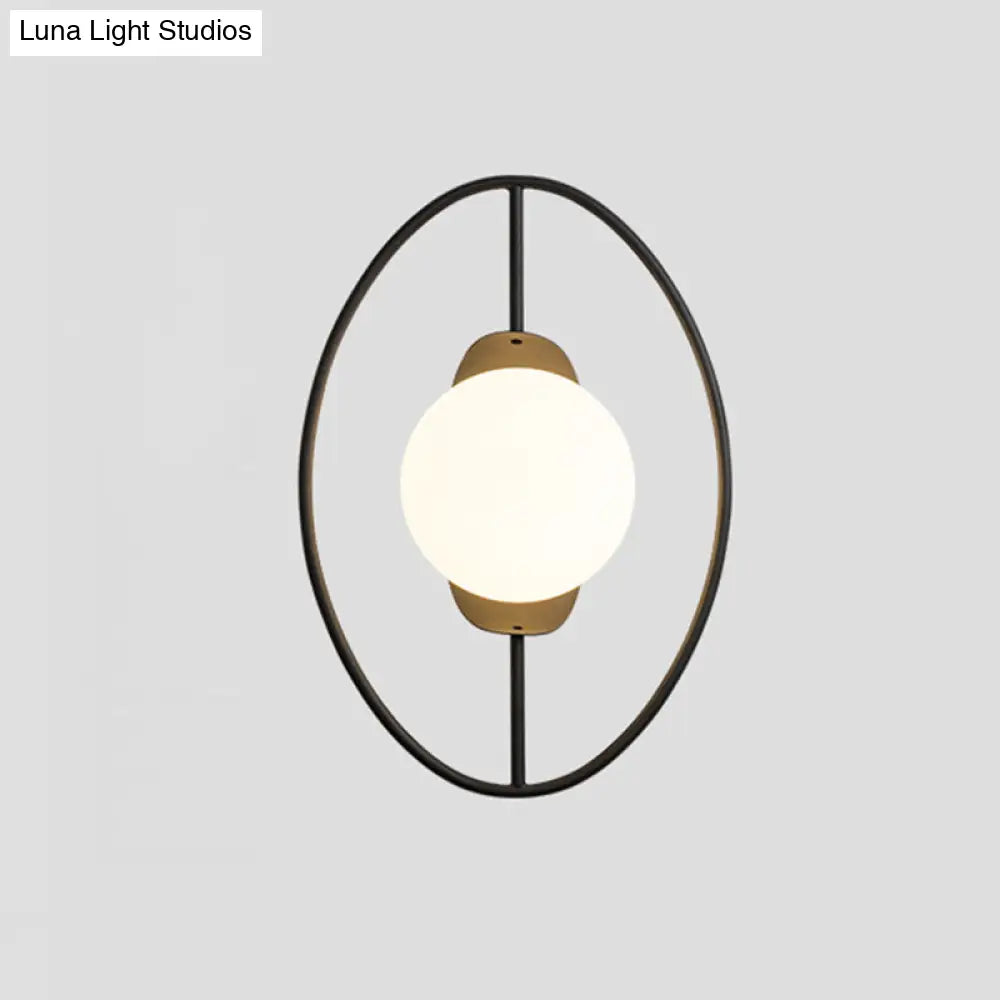 Minimalist Metal Halo Ring Sconce Lighting With Black/Gold Finish Orb White Glass Shade