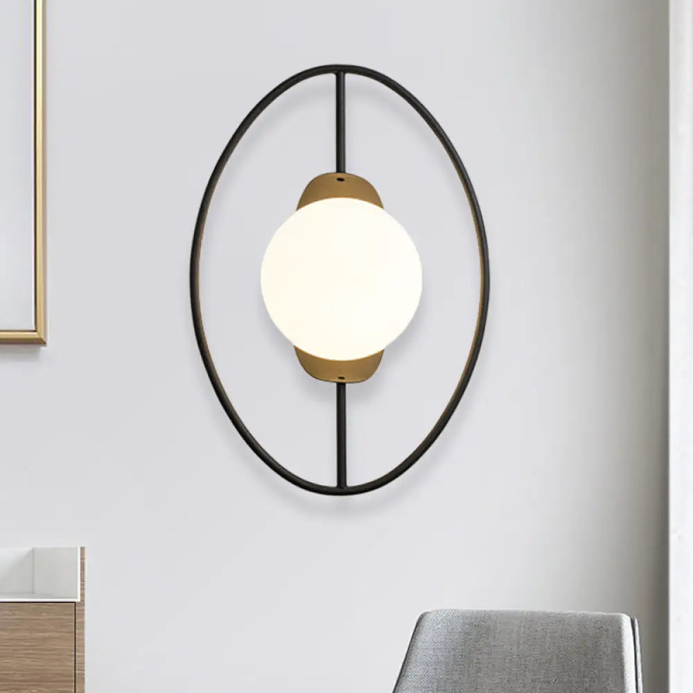 Minimalist Metal Halo Ring Sconce Lighting With Black/Gold Finish Orb White Glass Shade Black