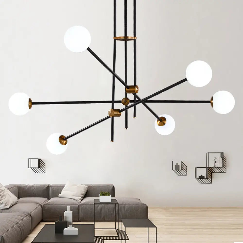 Minimalist Metal Hanging Lamp With 6-Head Black Chandelier In Opal Glass Shade