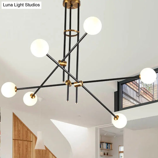 Minimalist Metal Hanging Lamp With Globe Opal Glass Shades - Black Chandelier Light (6 Heads)