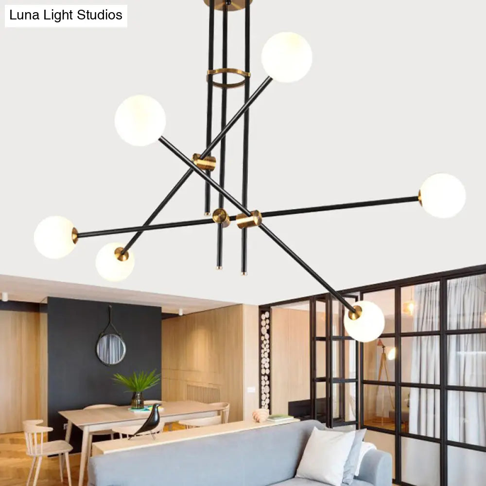 Minimalist Metal Hanging Lamp With Globe Opal Glass Shades - Black Chandelier Light (6 Heads)