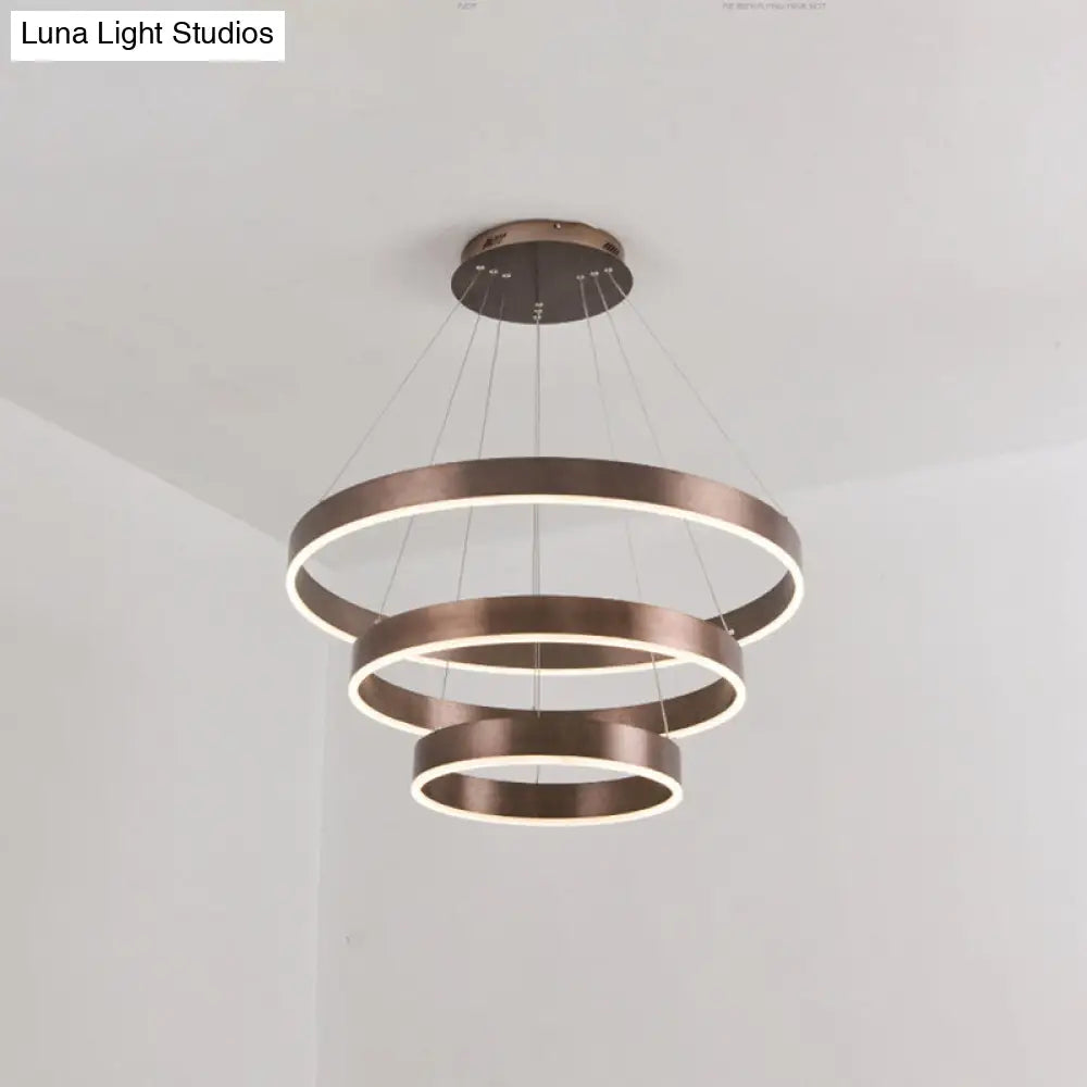 Minimalist Metal Led Chandelier | Circular Living Room Pendant Light 3 Heads Coffee/Gold