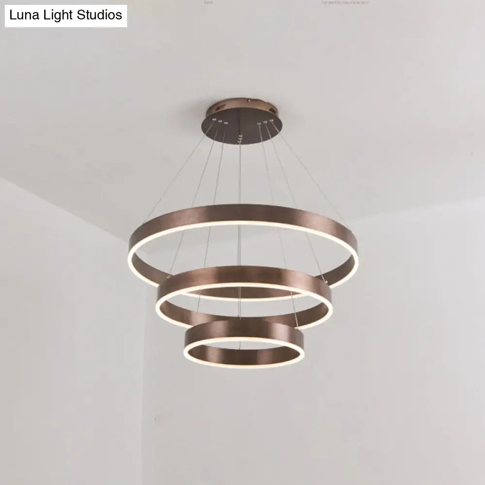 Minimalist Metal Led Chandelier: Circular Living Room Pendant Light (3 Heads) In Coffee/Gold