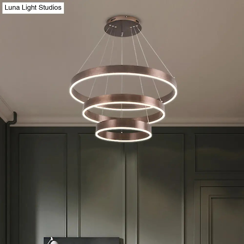 Minimalist Metal Led Chandelier | Circular Living Room Pendant Light 3 Heads Coffee/Gold Coffee