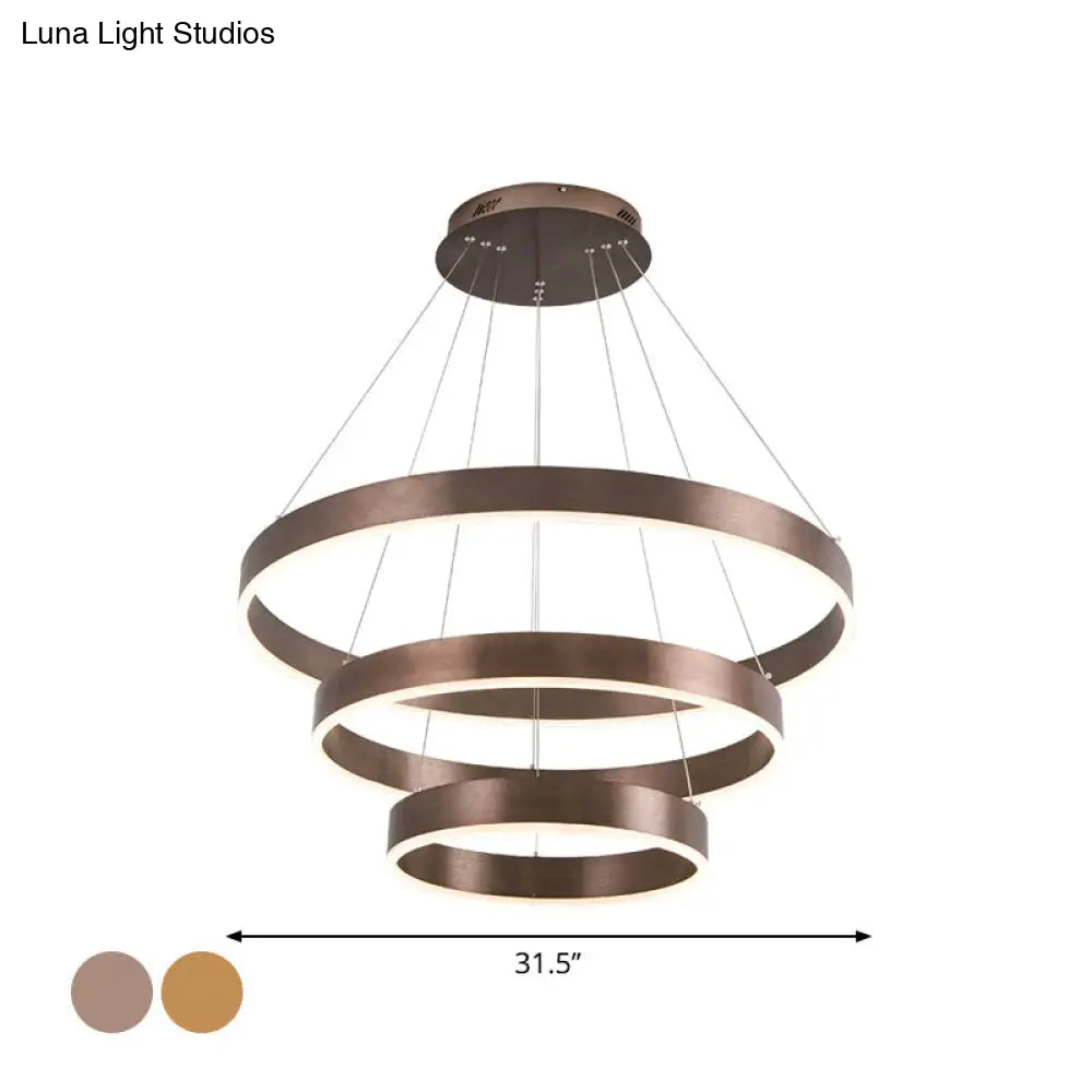 Minimalist Metal Led Chandelier | Circular Living Room Pendant Light 3 Heads Coffee/Gold