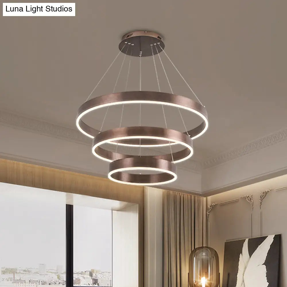 Minimalist Metal Led Chandelier | Circular Living Room Pendant Light 3 Heads Coffee/Gold