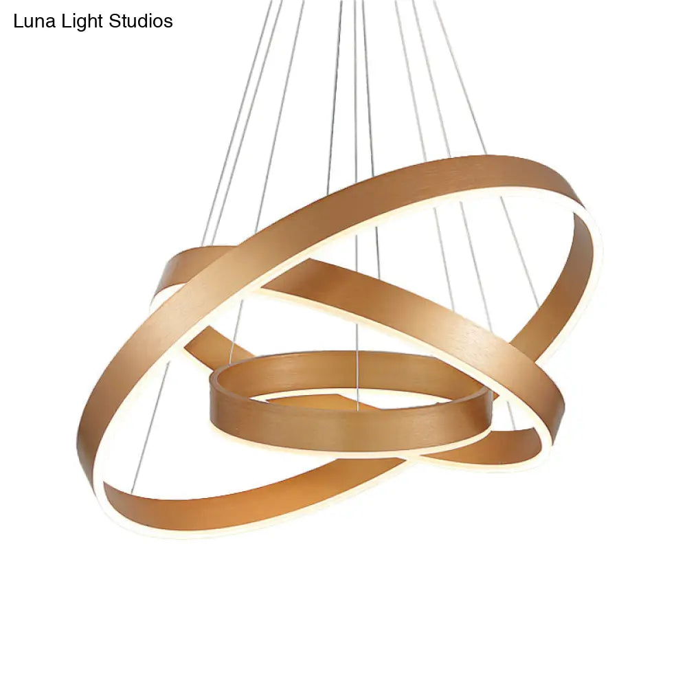 Minimalist Metal Led Chandelier: Circular Living Room Pendant Light (3 Heads) In Coffee/Gold