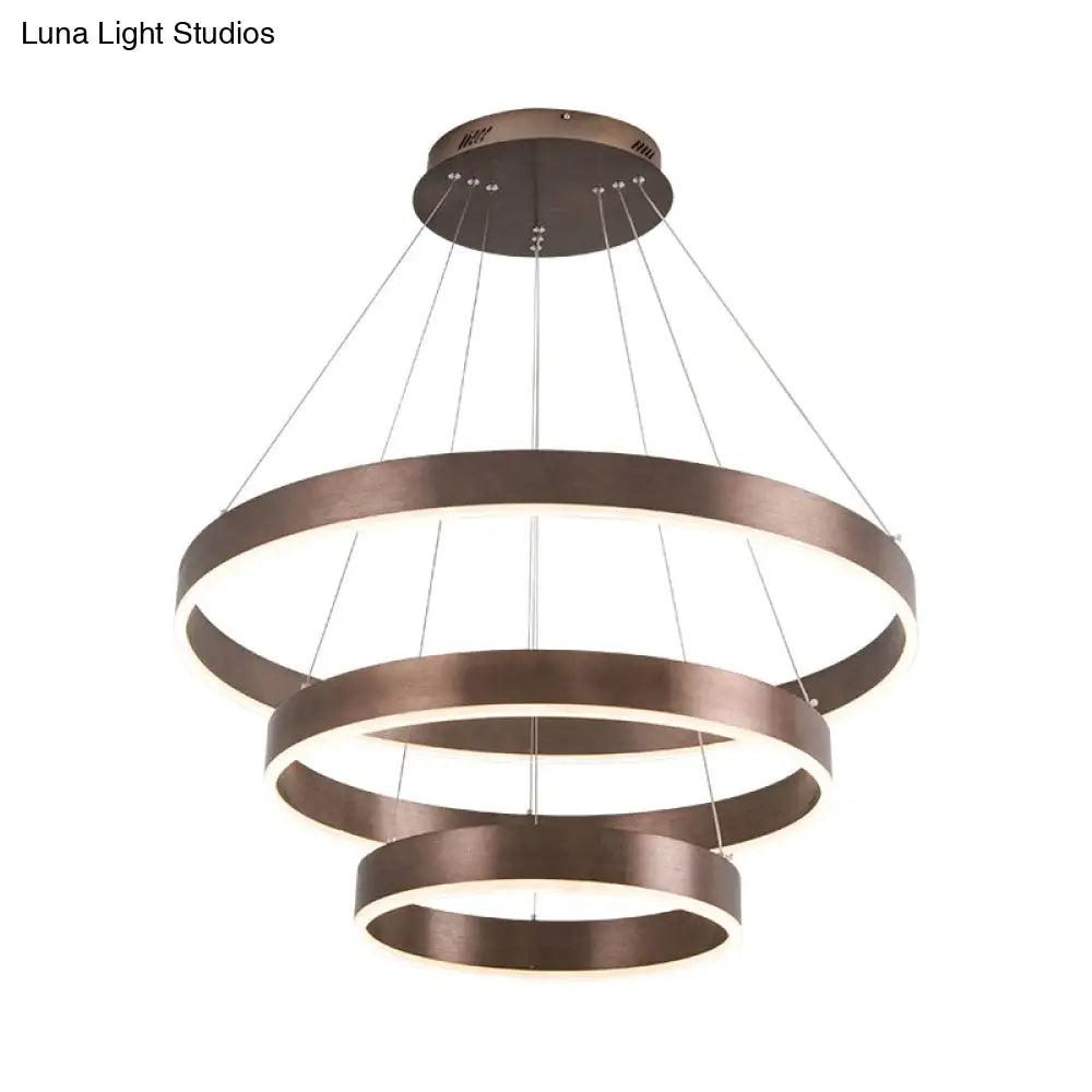 Minimalist Metal Led Chandelier: Circular Living Room Pendant Light (3 Heads) In Coffee/Gold