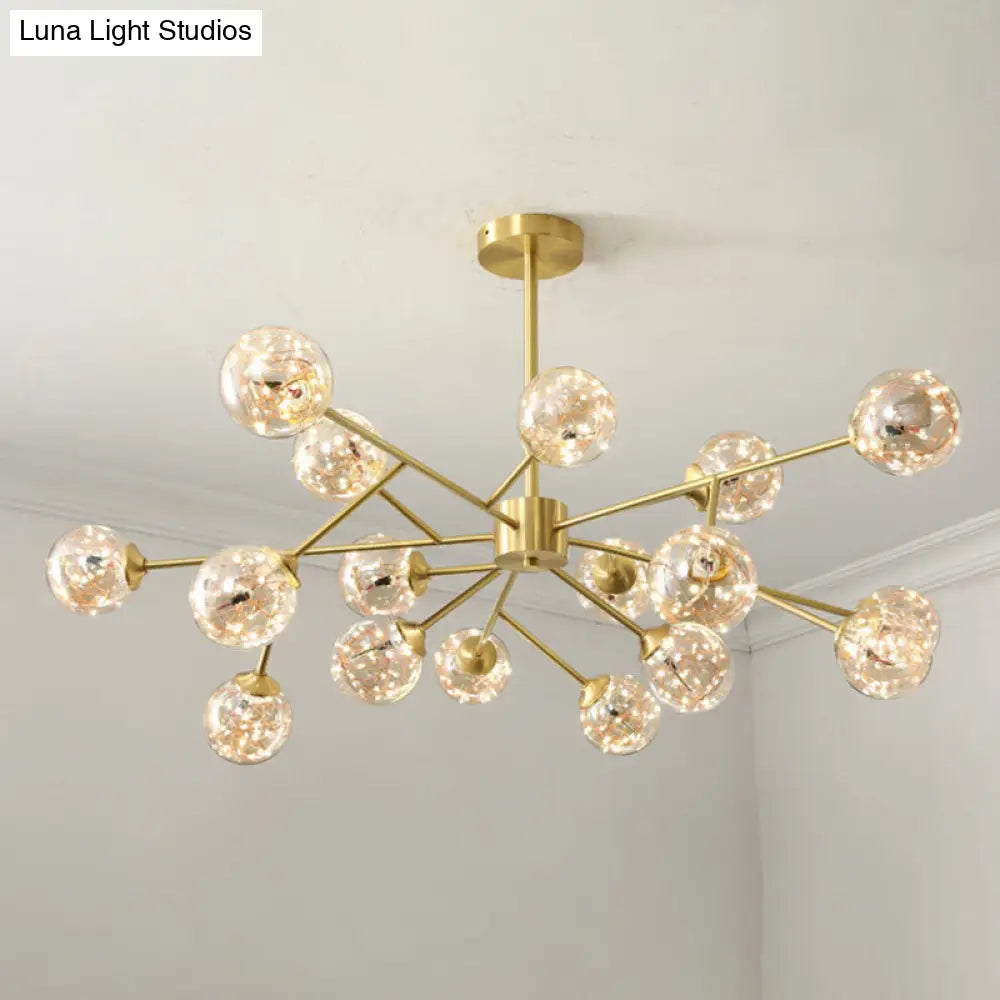 Minimalist Metal Led Chandelier Lamp With Bubble Shade In Gold - Starburst Pendulum Light For Living