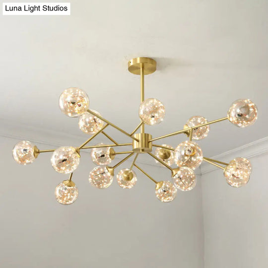 Minimalist Metal Led Chandelier Lamp With Bubble Shade In Gold - Starburst Pendulum Light For Living