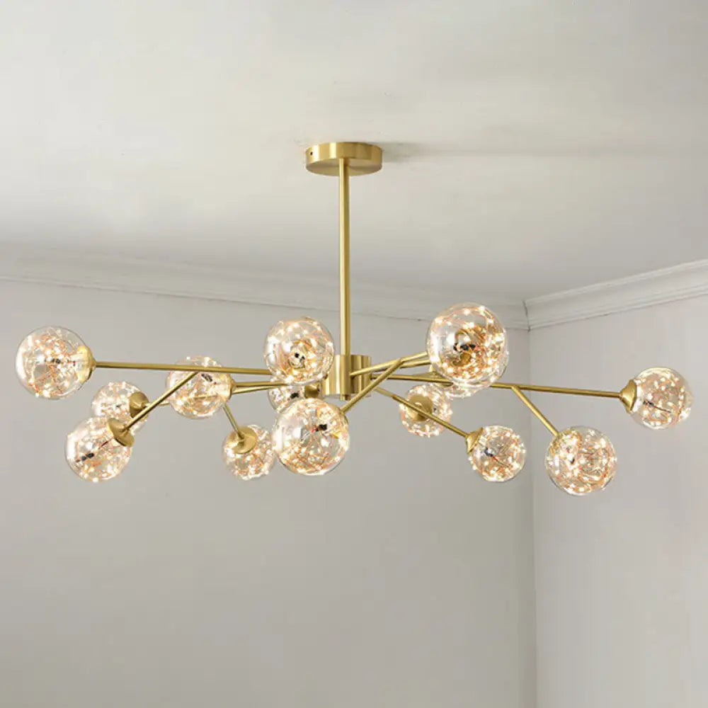 Minimalist Metal Led Chandelier In Gold With Starburst Pendulum Design And Bubble Shade 15 / Natural