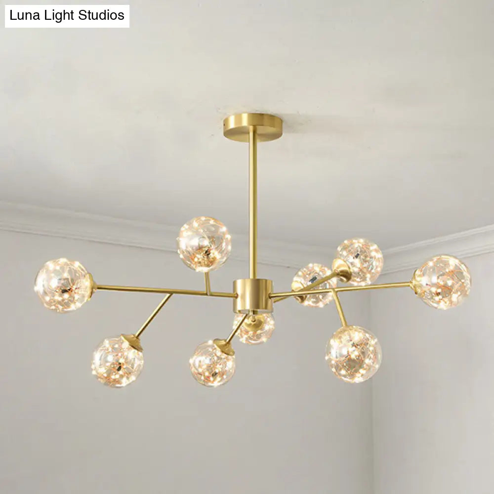 Minimalist Metal Led Chandelier Lamp With Bubble Shade In Gold - Starburst Pendulum Light For Living