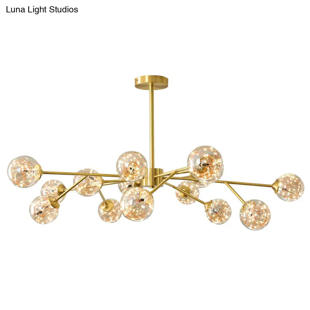 Minimalist Metal Led Chandelier In Gold With Starburst Pendulum Design And Bubble Shade