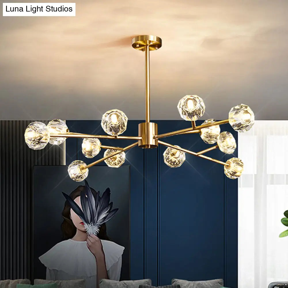 Minimalist Metal Led Chandelier Lamp With Bubble Shade In Gold - Starburst Pendulum Light For Living