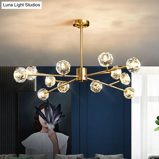 Minimalist Metal Led Chandelier Lamp With Bubble Shade In Gold - Starburst Pendulum Light For Living