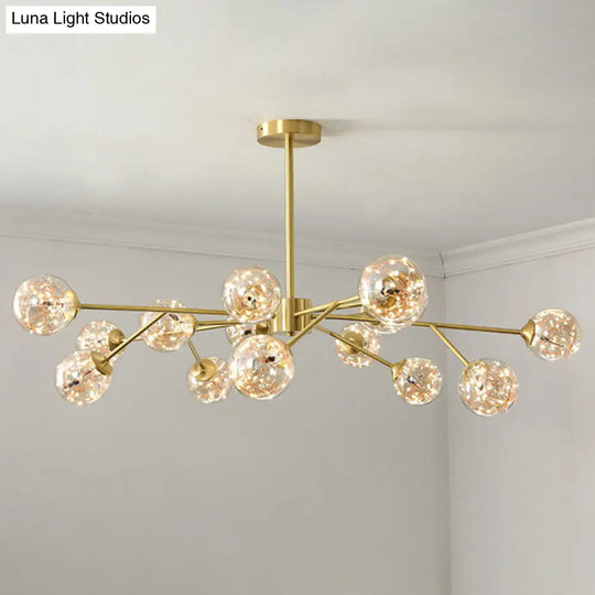 Minimalist Metal Led Chandelier Lamp With Bubble Shade In Gold - Starburst Pendulum Light For Living