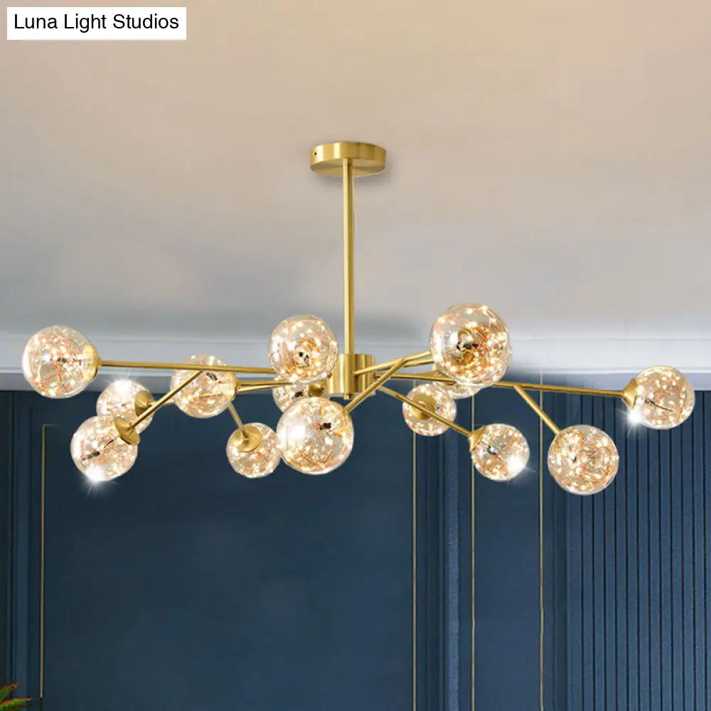 Minimalist Metal Led Chandelier In Gold With Starburst Pendulum Design And Bubble Shade