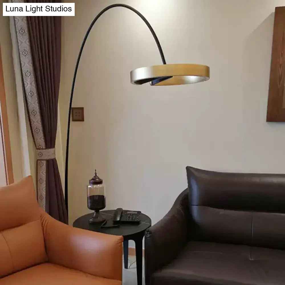 Minimalist Metal Led Floor Lamp With Rotatable Gold Loop And Fishing Rod Pole