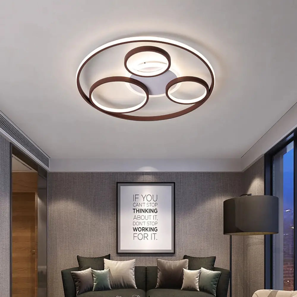 Minimalist Metal Led Flush Mount Ceiling Light In Brown With Multi Ring Design Warm/White Multiple