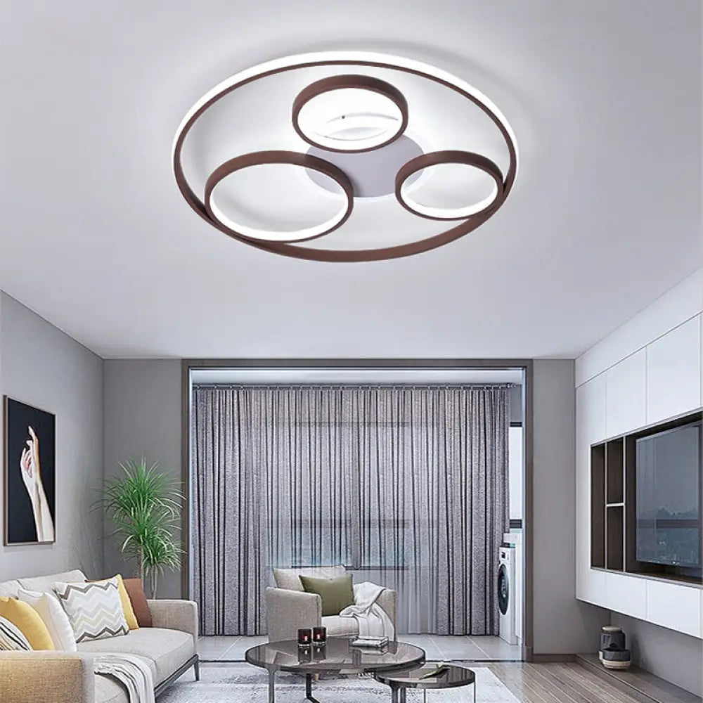 Minimalist Metal Led Flush Mount Ceiling Light In Brown With Multi Ring Design Warm/White Multiple