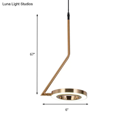 Minimalist Metal Led Gold Ring Pendant Light With Curved Arm For Dining Room Ceiling