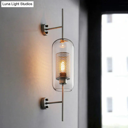 Minimalist Metal Mesh Wall Light Sconce With Clear Glass Shade - 1-Head Mount Lamp