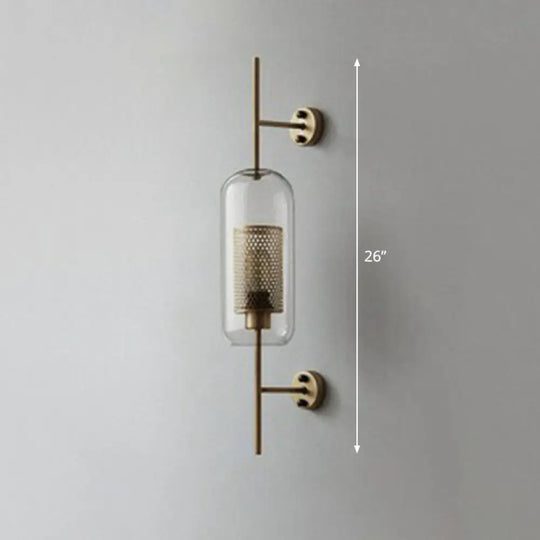 Minimalist Metal Mesh Wall Light Sconce With Clear Glass Shade - 1-Head Mount Lamp Bronze / Cylinder