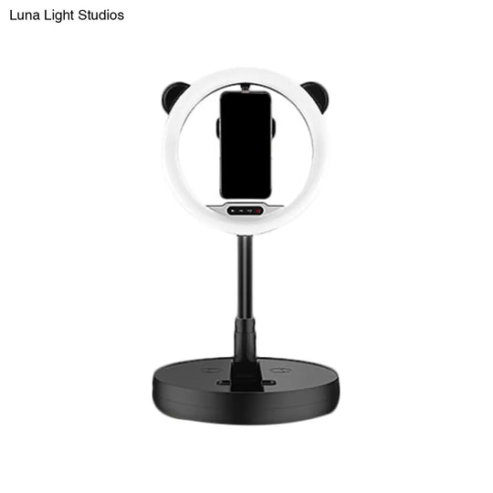 Minimalist Metal Mobile Phone Support With Circular Make-Up Light & Usb Port - Black/White Led