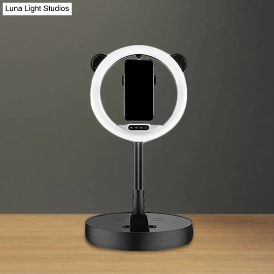 Minimalist Metal Mobile Phone Support With Circular Make-Up Light & Usb Port - Black/White Led