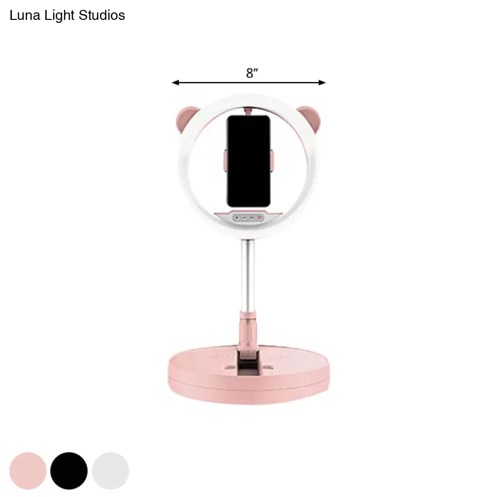 Minimalist Metal Mobile Phone Support With Circular Make-Up Light & Usb Port - Black/White Led