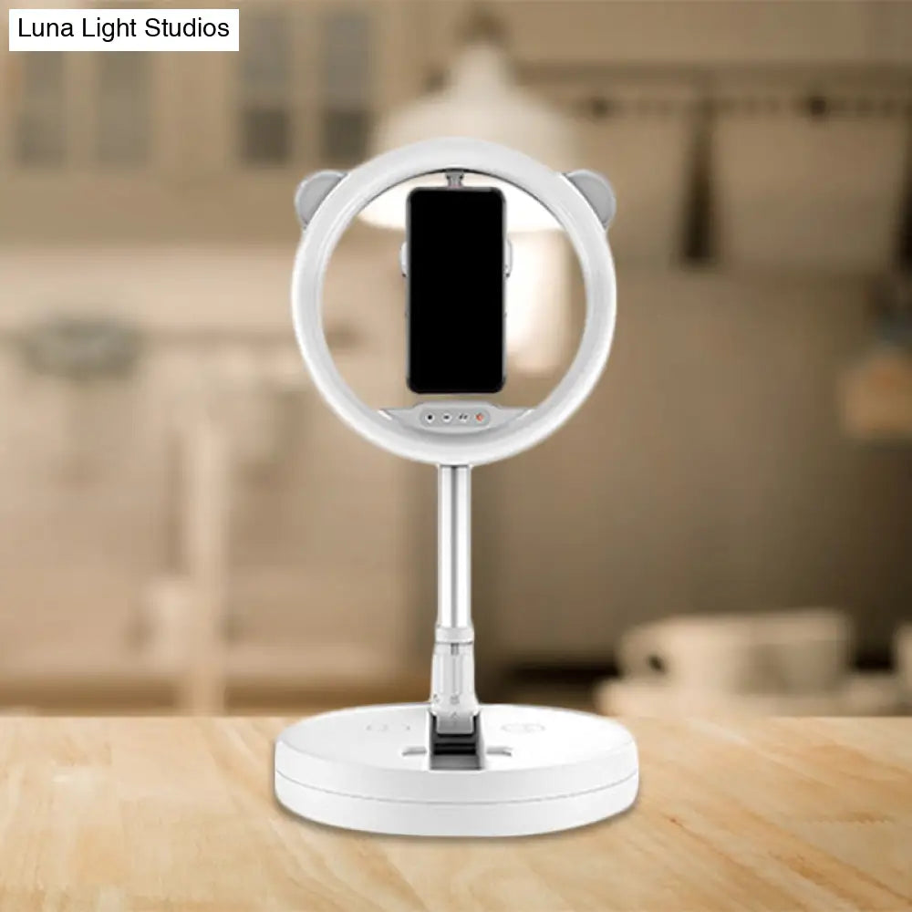 Minimalist Metal Mobile Phone Support With Circular Make-Up Light & Usb Port - Black/White Led