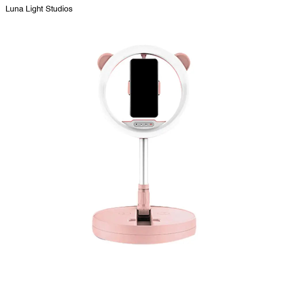 Minimalist Metal Mobile Phone Support With Circular Make-Up Light & Usb Port - Black/White Led