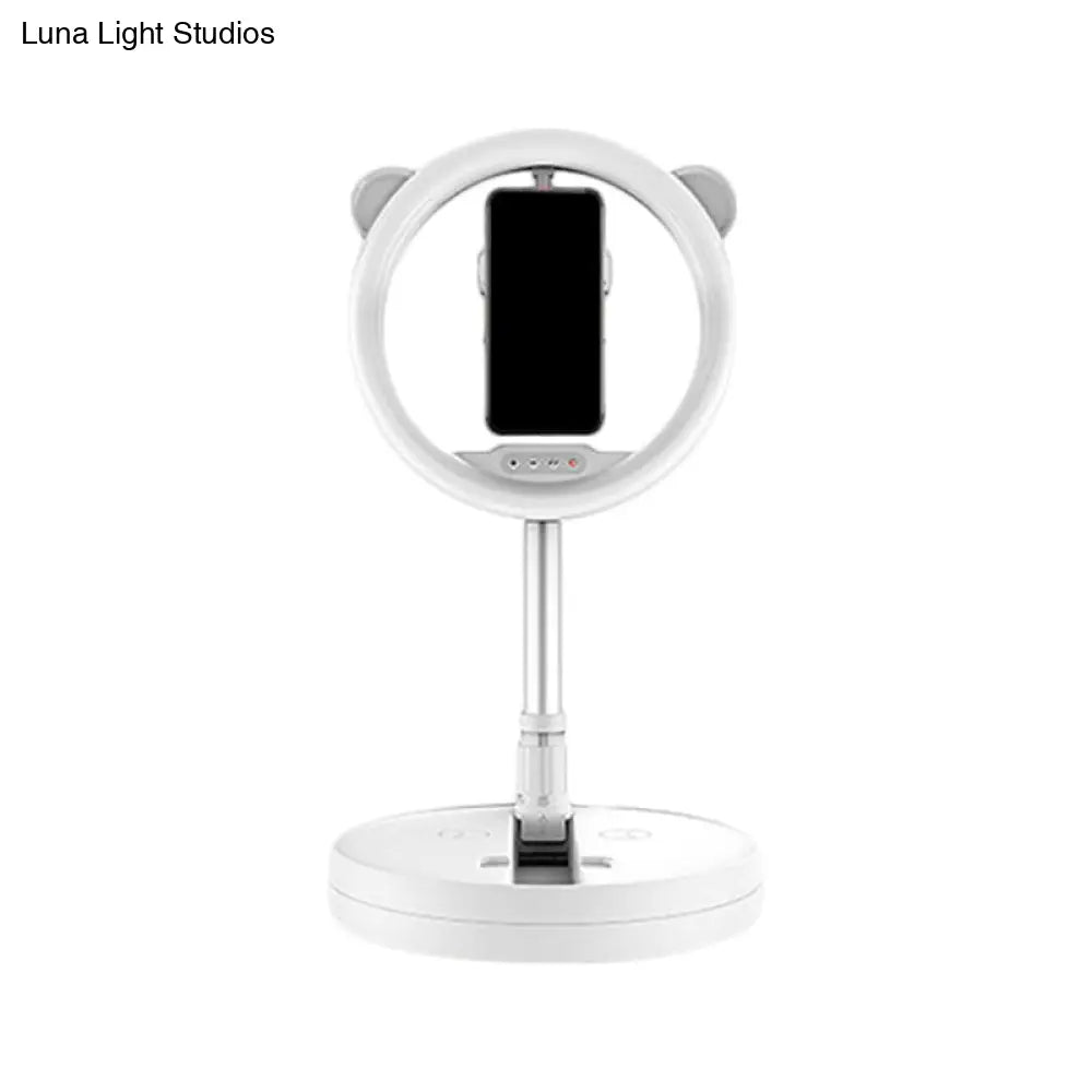 Minimalist Metal Mobile Phone Support With Circular Make-Up Light & Usb Port - Black/White Led