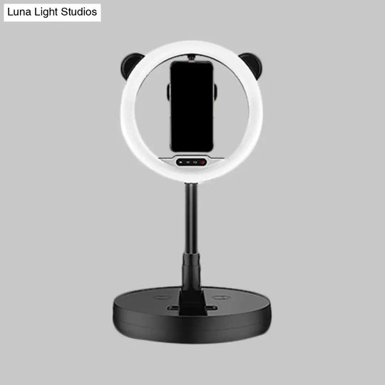 Minimalist Metal Mobile Phone Support With Circular Make-Up Light & Usb Port - Black/White Led