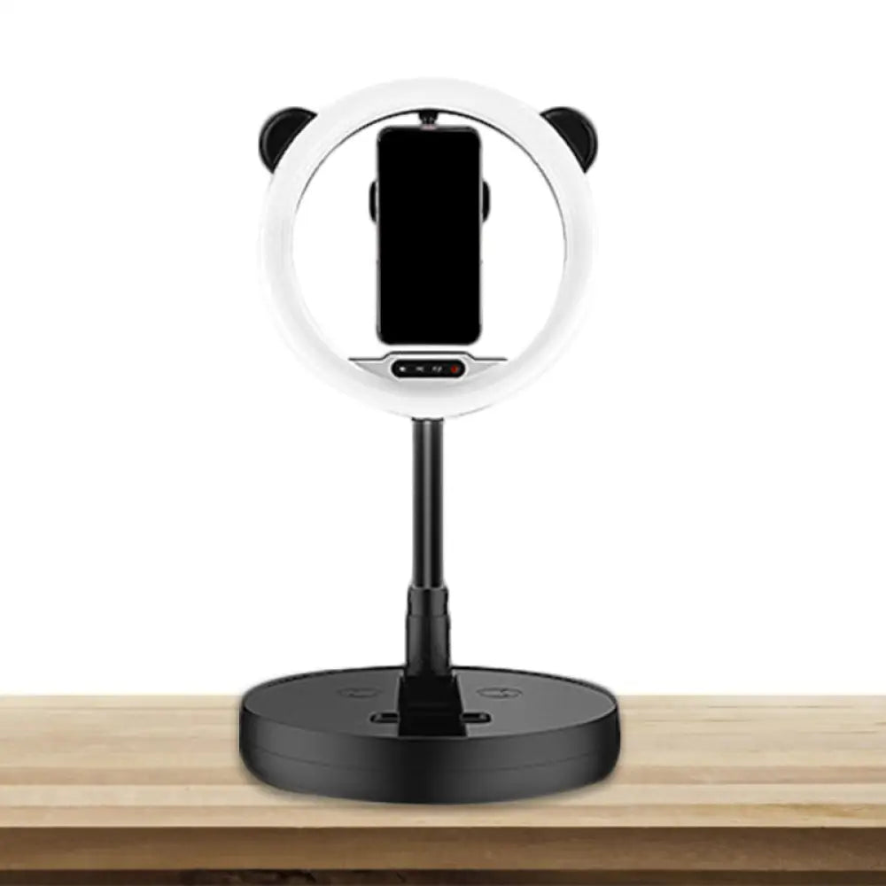 Minimalist Metal Mobile Phone Support With Circular Make-Up Light & Usb Port - Black/White Led