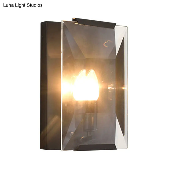 Minimalist Metal Rectangle Wall Sconce Light With Crystal Panel Shade - Black/Brass Finish