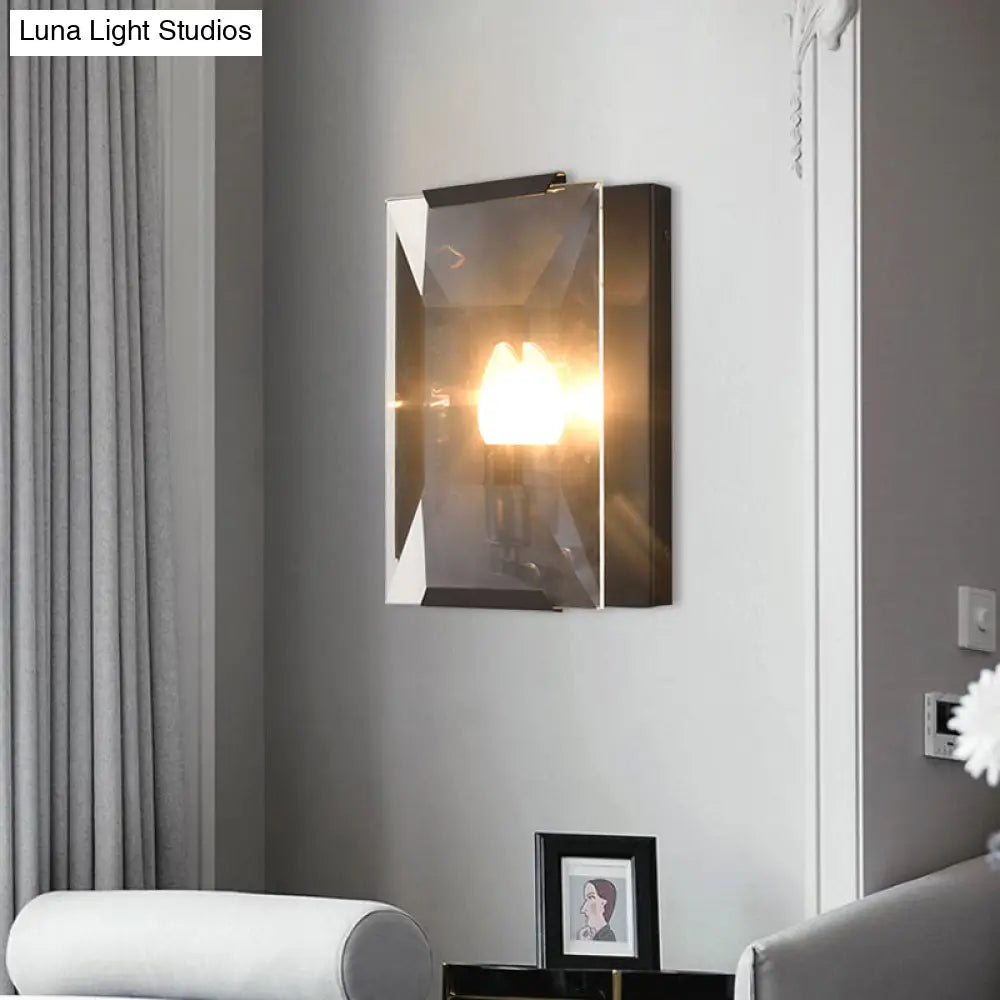 Minimalist Metal Rectangle Wall Sconce Light With Crystal Panel Shade - Black/Brass Finish