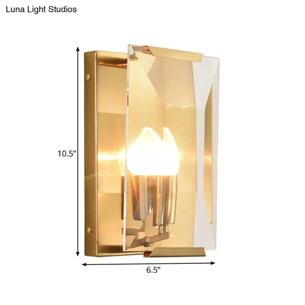 Minimalist Metal Rectangle Wall Sconce Light With Crystal Panel Shade - Black/Brass Finish