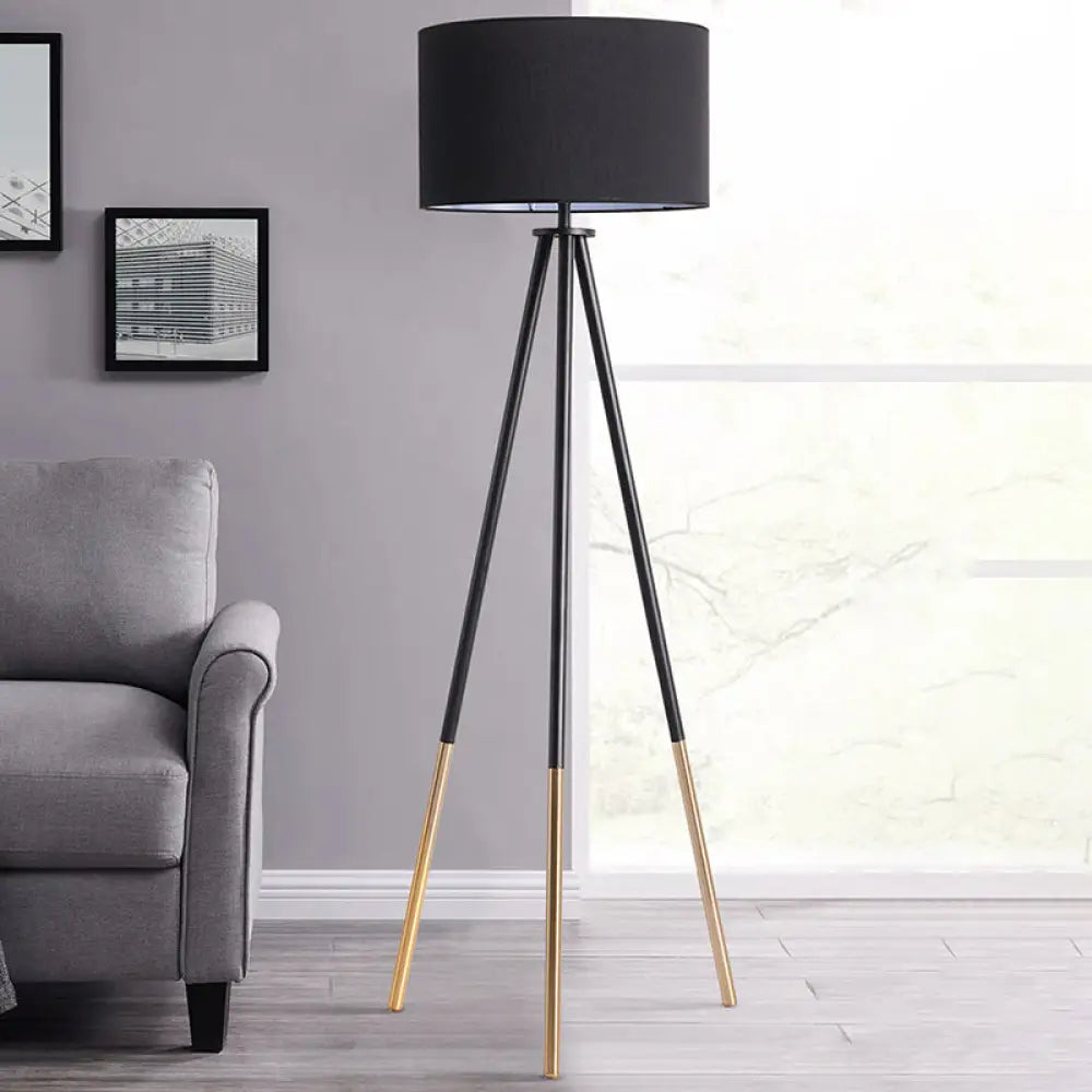 Minimalist Metal Tripod Floor Lamp With Drum Fabric Shade Black