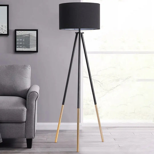 Minimalist Metal Tripod Floor Lamp With Drum Fabric Shade Black