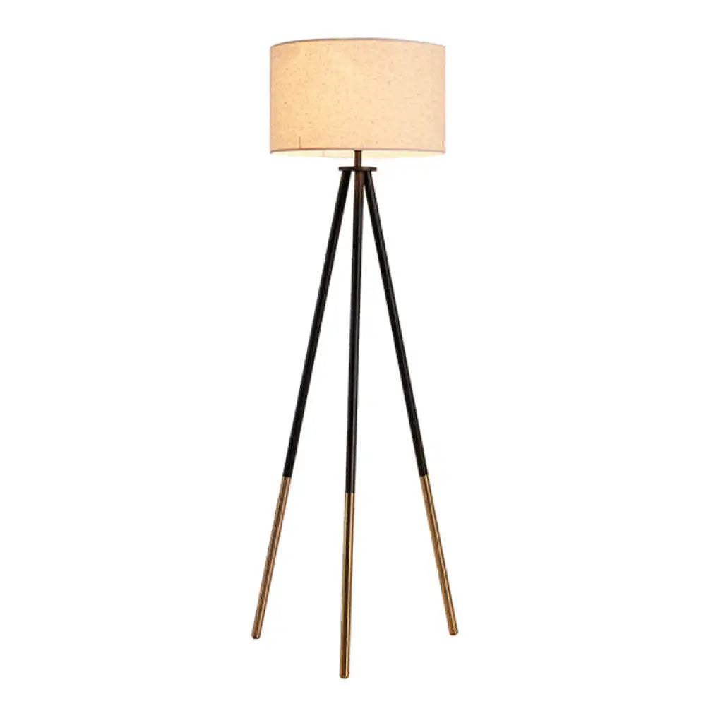 Minimalist Metal Tripod Floor Lamp With Drum Fabric Shade Flaxen