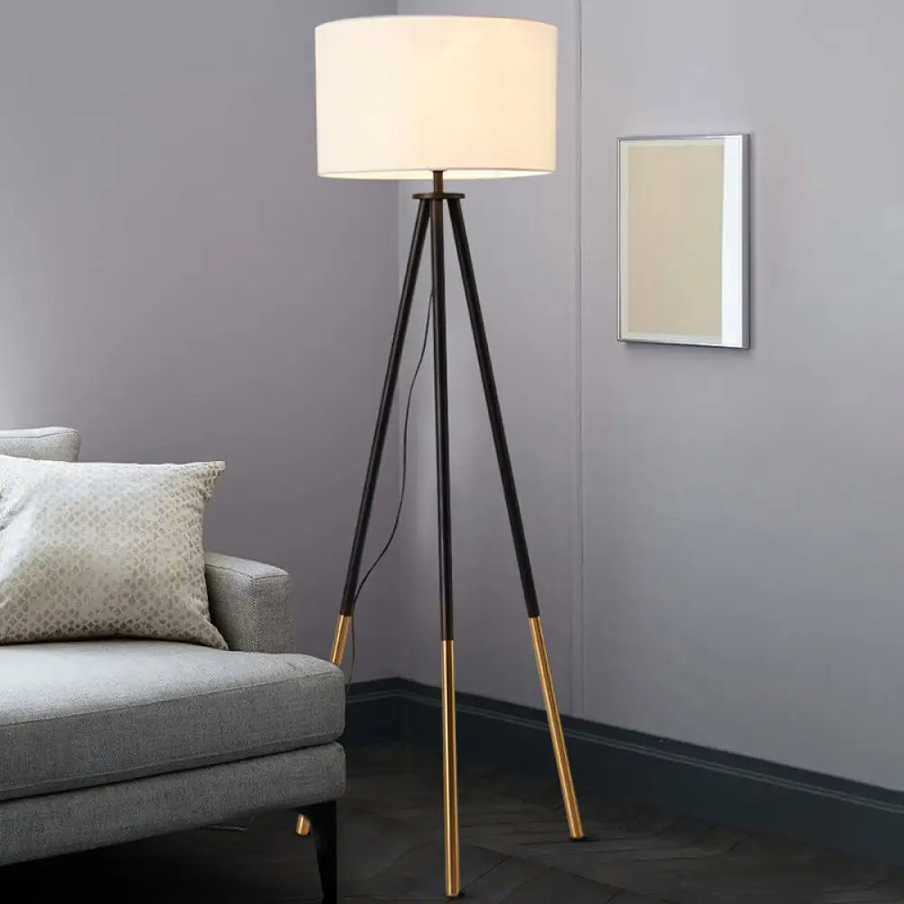 Minimalist Metal Tripod Floor Lamp With Drum Fabric Shade White